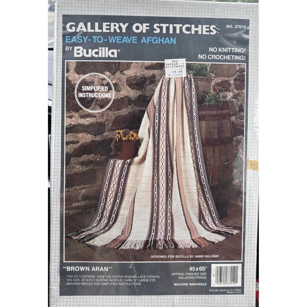 Vintage Bucilla Easy-To-Weave Afghan Kit Brown Aran Geometric w/ Yarn MPN 37010